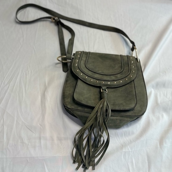 Franco Sarto Handbags - Franco Sarto Rex Saddle Bag Gray Green Suede Tassel Crossbody Satchel Gold Stud